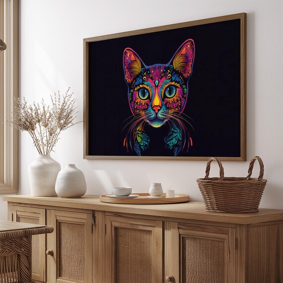 Vivid Neon Floral Black Cat Face Psychedelic Bright Colorful Wall Art