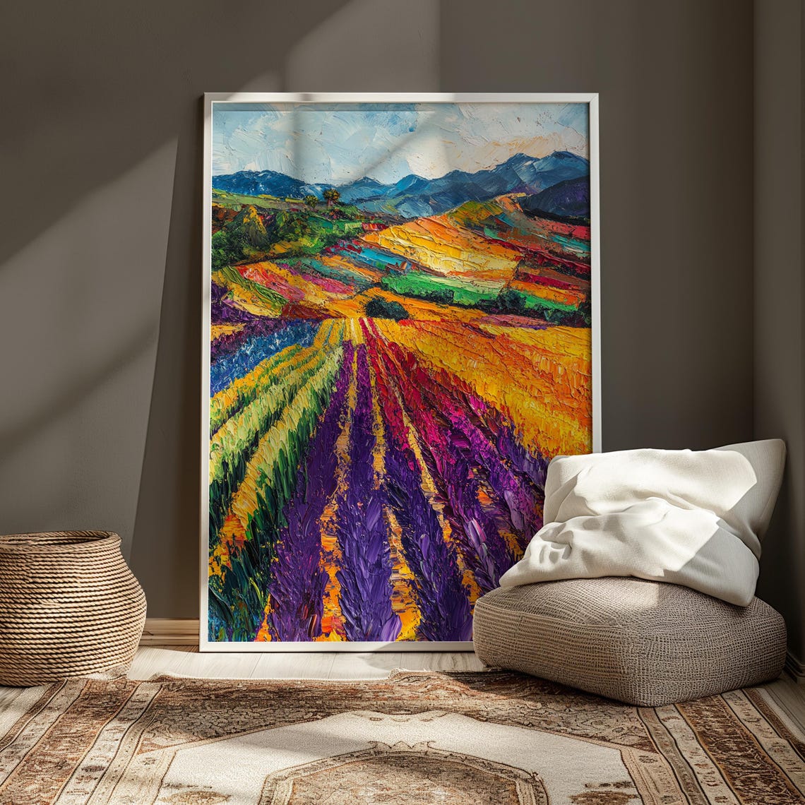 Vibrant Purple Flower Field Rows Colorful Mountain Landscape Print - Image 3