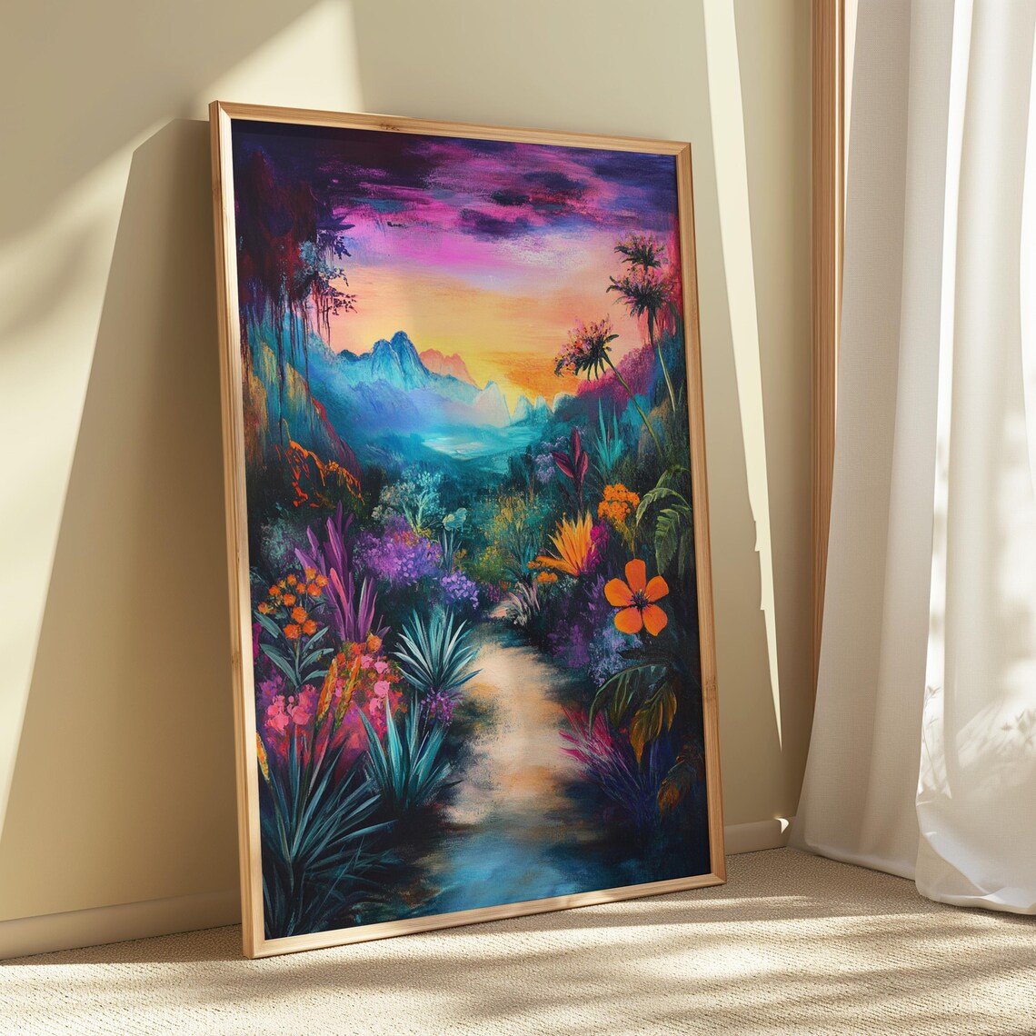 Dreamy Jungle Path Sunset Magenta Sky Lush Flowers Mountain View Landscape Poster - Image 5