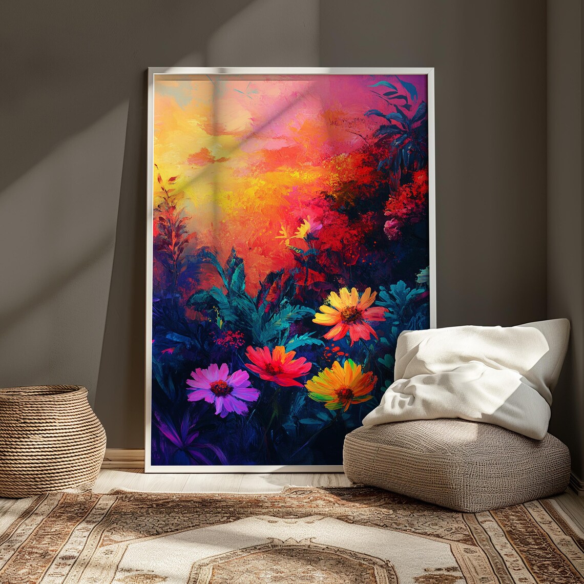 Wildflowers At Fiery Sunset Dramatic Pink Sky Colorful Floral Landscape Poster - Image 3
