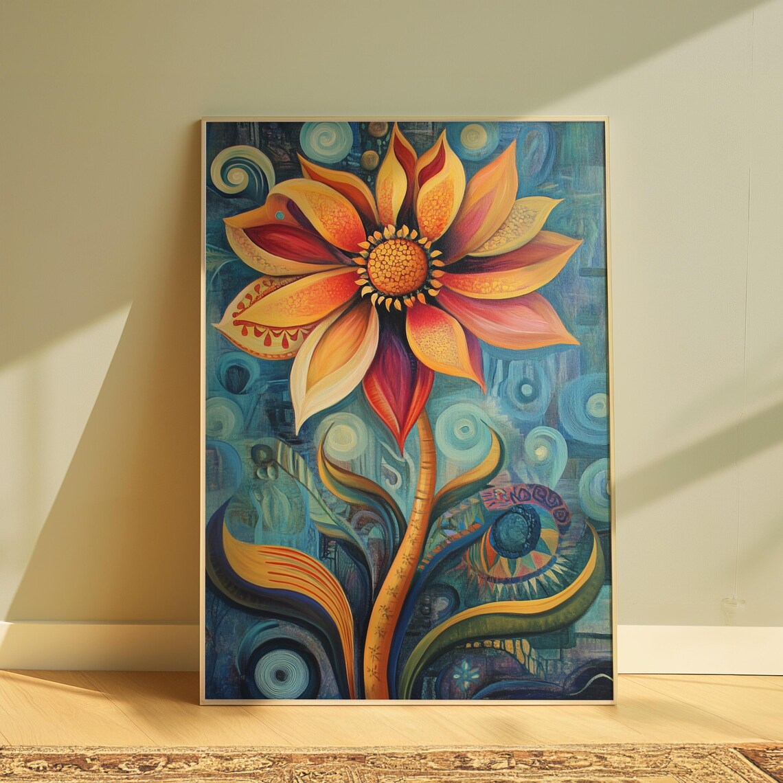 Golden Sunflower Bloom Swirling Teal Folk Background Floral Art Poster