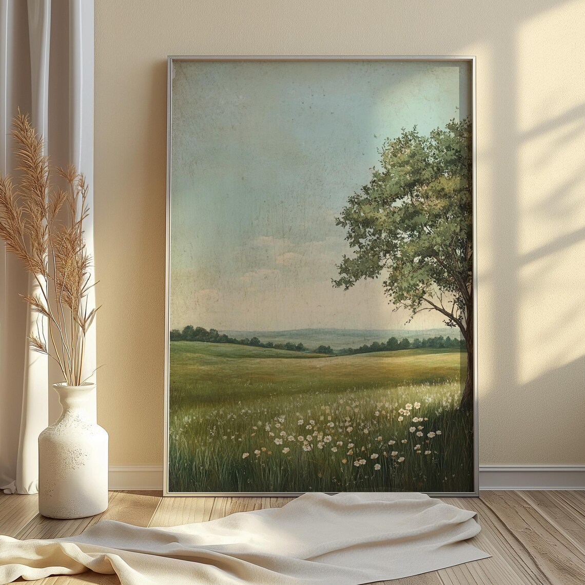 Serene Green Meadow White Wildflowers Lone Tree Vintage Landscape Poster - Image 2