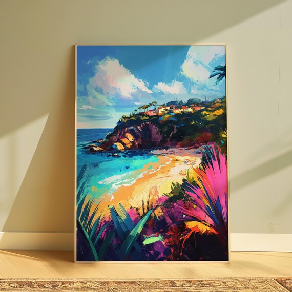 Coastal Cliff Village Turquoise Cove Beach Vibrant Seaside Travel Poster