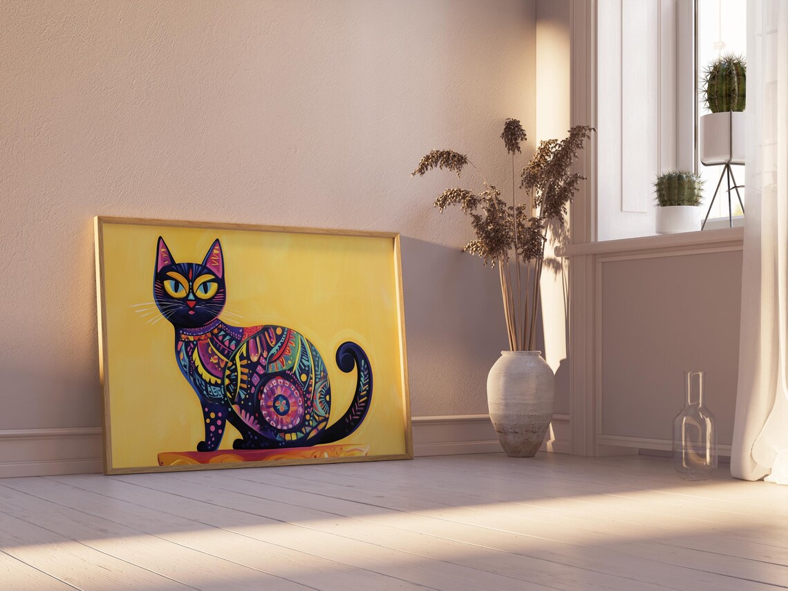 Sitting Black Cat with Colorful Floral Patterns on Bright Yellow Poster - Image 2