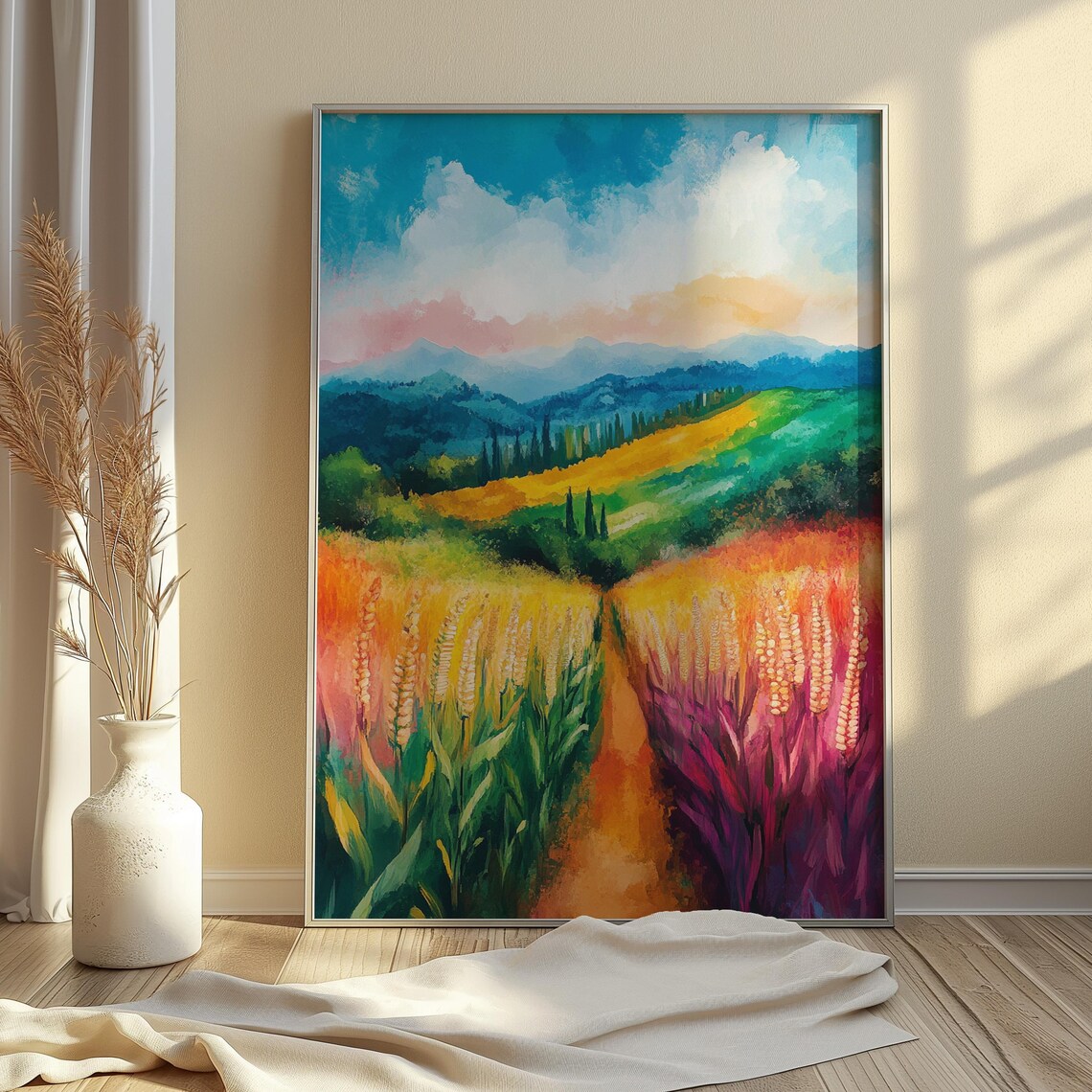 Golden Wheat Field Path Rolling Green Hills Blue Mountains Sunny Landscape Poster - Image 4