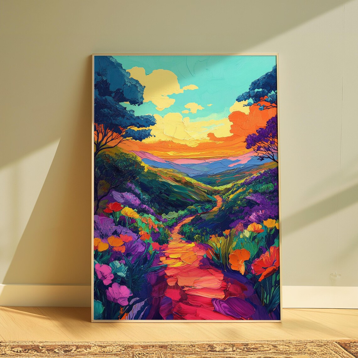 Sunset Stone Path Blooming Hillside Golden Sky Blue Trees Valley View Landscape Poster