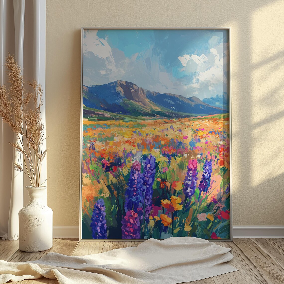 Impressionist Wildflower Meadow Lupines Blue Mountains Cloudy Sky Landscape Poster - Image 4