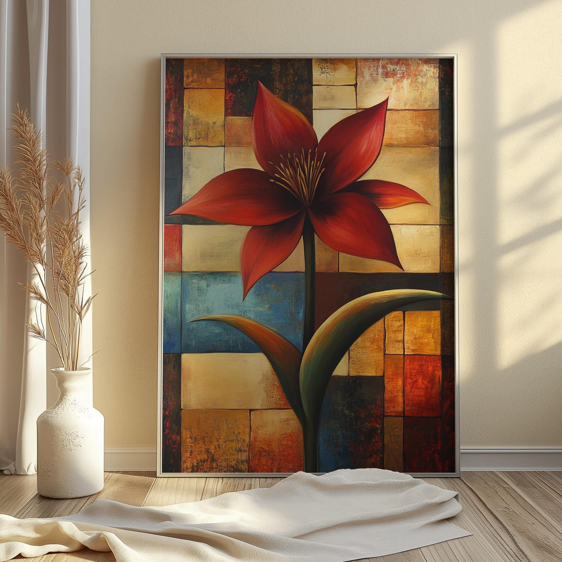 Crimson Lily Bloom Patchwork Tile Background Bold Floral Art Poster - Image 4