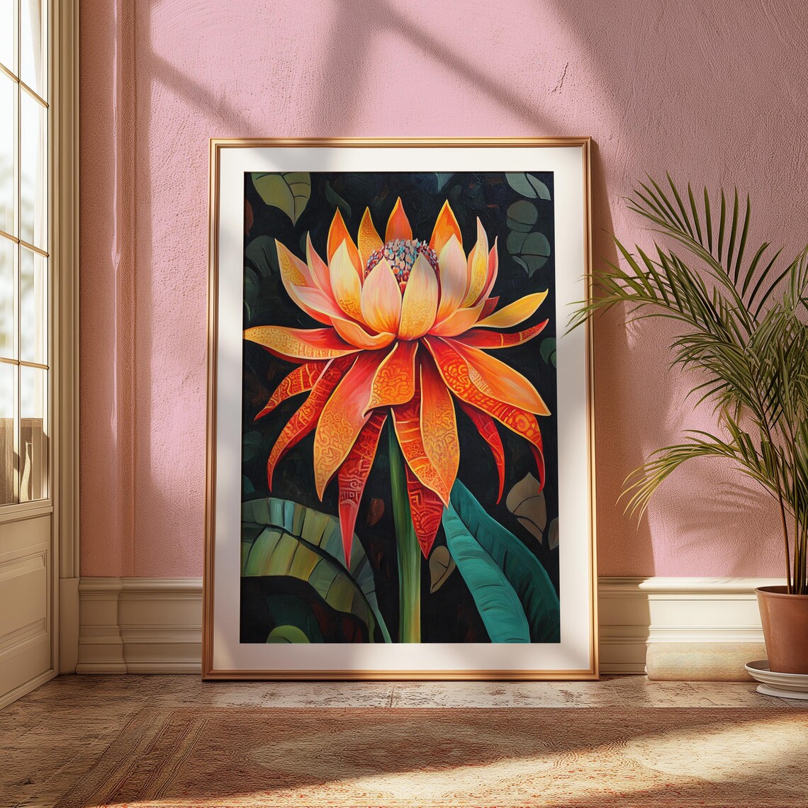 Fire Lotus Ribbon Petals Dark Background Bold Floral Art Poster - Image 2