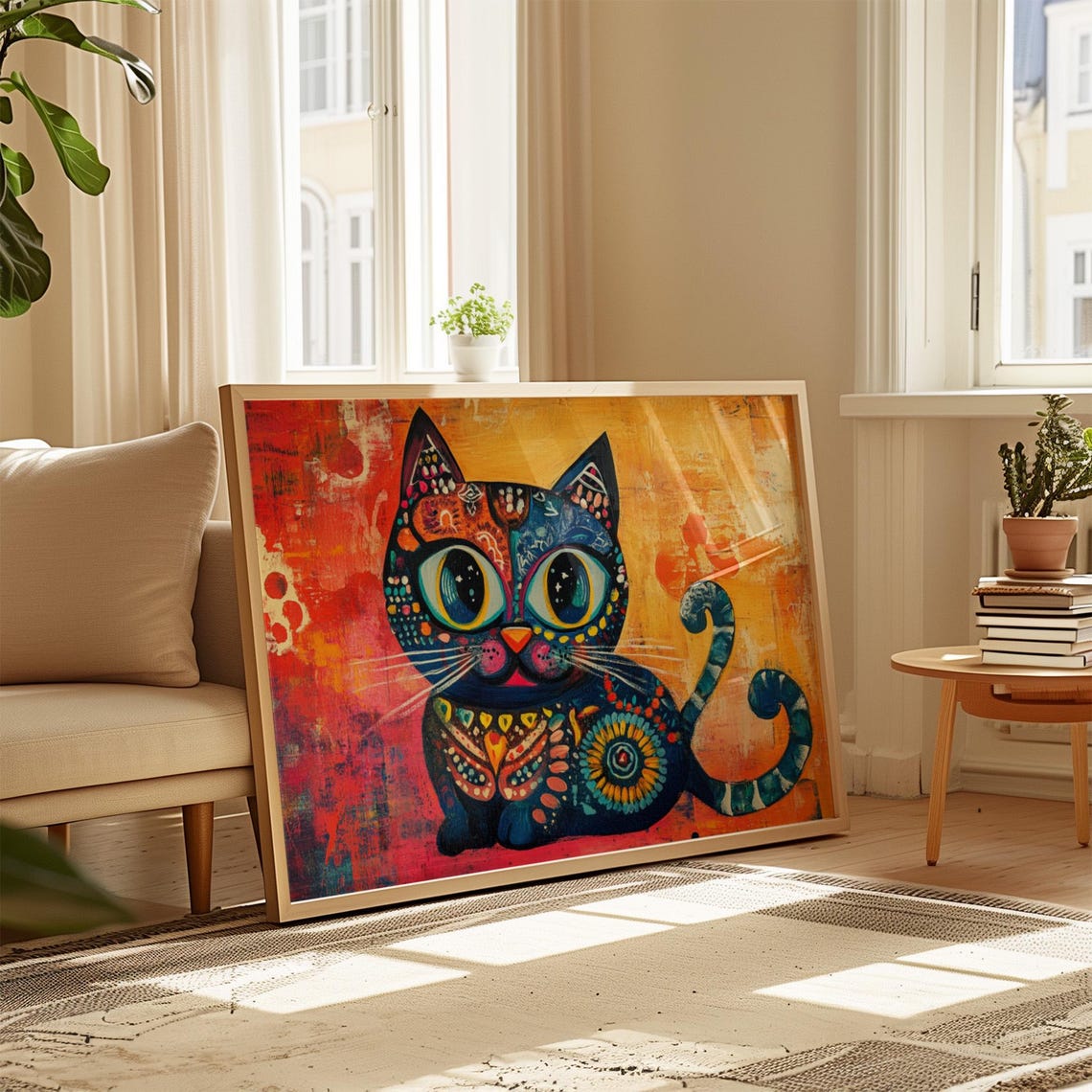 Sitting Blue Cat With Curly Tail Mandala Patterns Warm Poster - Image 4