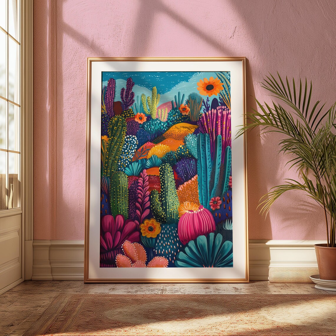 Colorful Cactus Garden Night Sky Blooming Succulents Whimsical Botanical Poster - Image 2