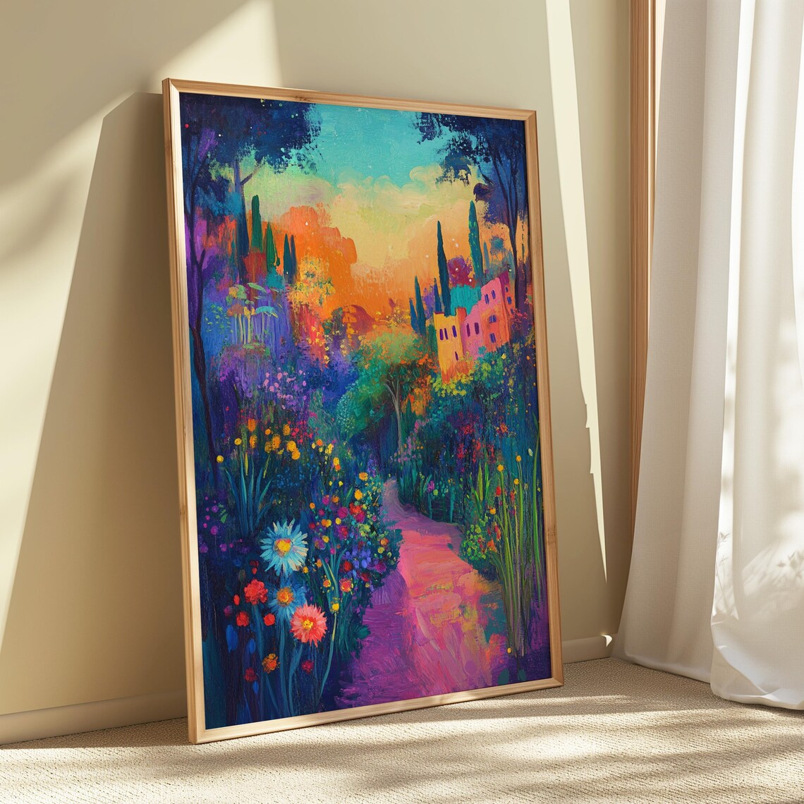 Enchanted Flower Garden Hilltop Village Sunset Colorful Landscape Poster - Image 5
