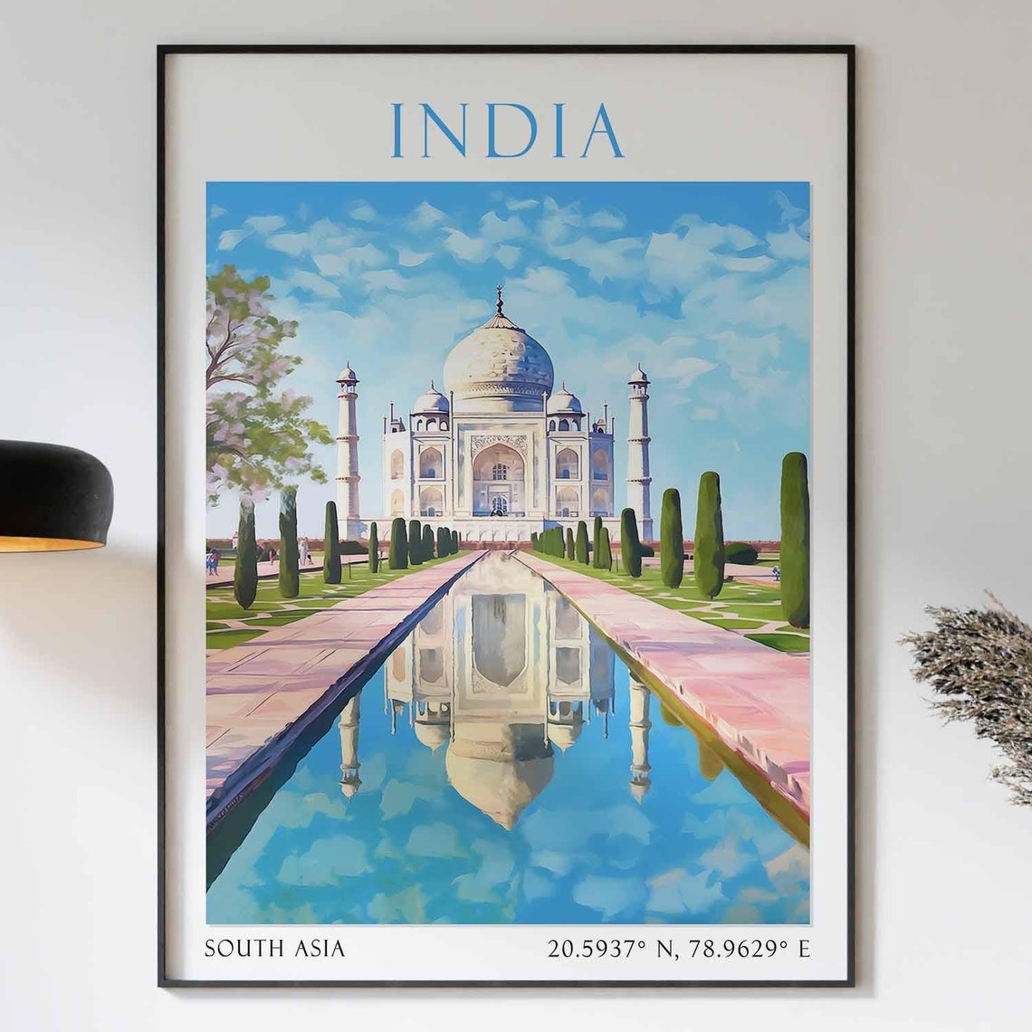 India Taj Mahal with Reflecting Pool in Bright Blue Sky Poster