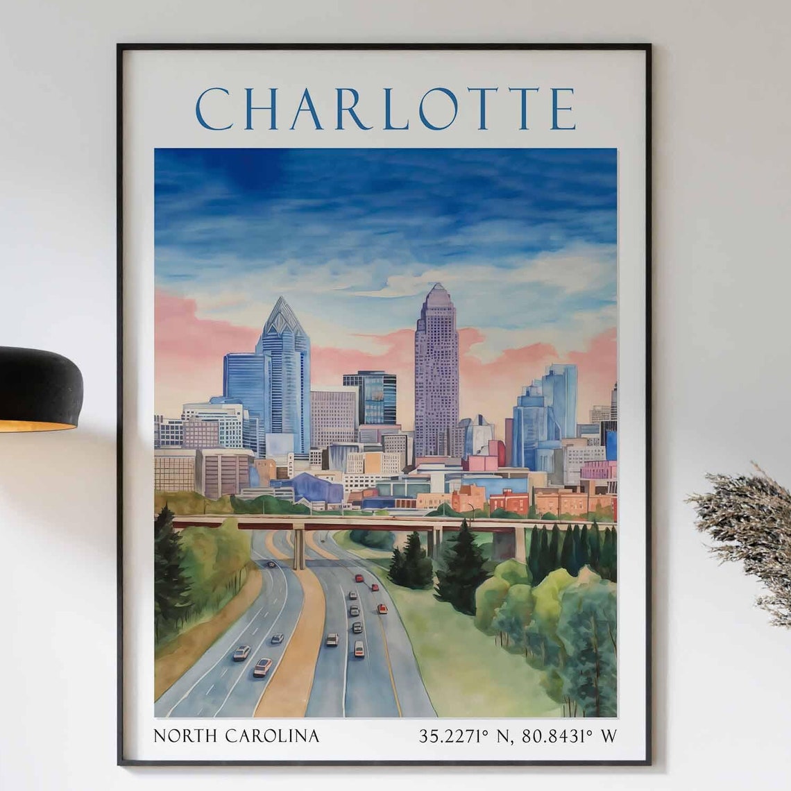 Charlotte North Carolina Dusk Skyline with Highway View Poster