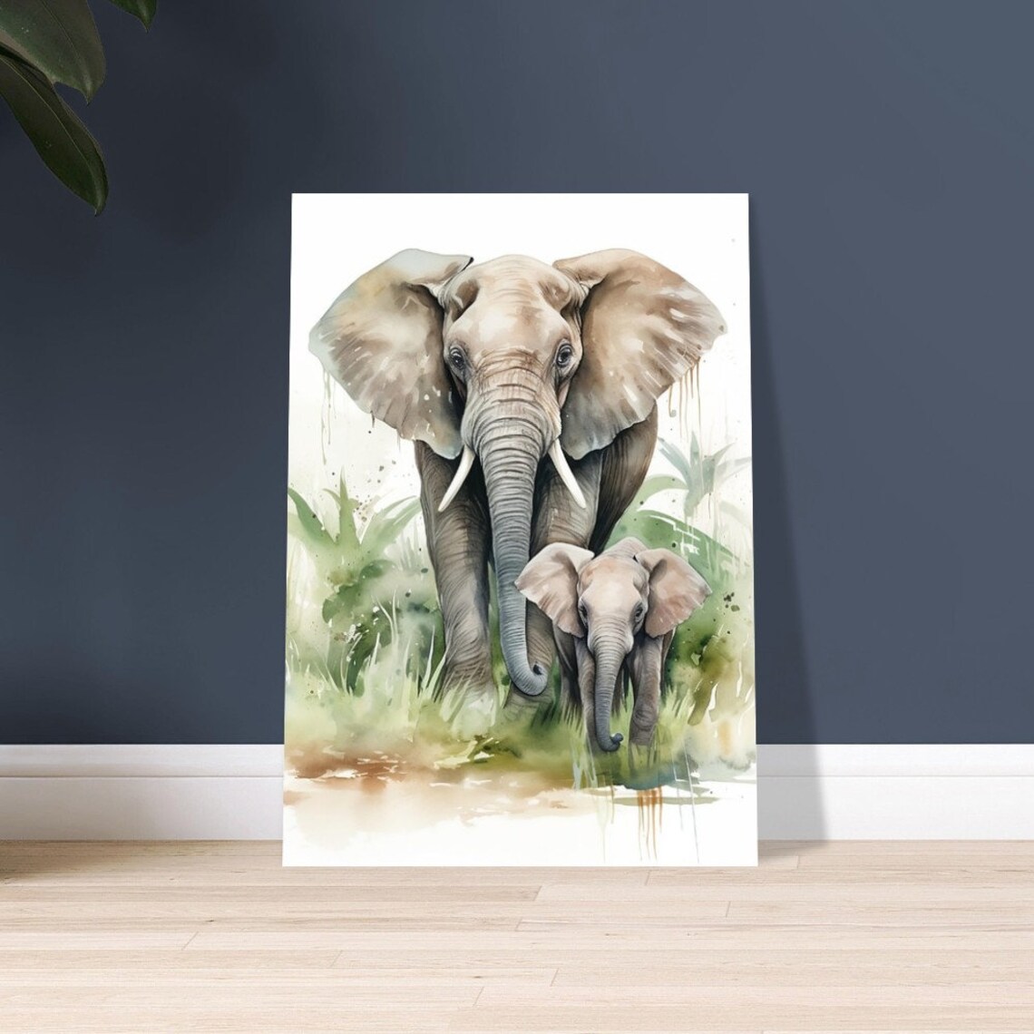Mother Elephant And Baby Walking Together Watercolour Wildlife Poster - Image 2