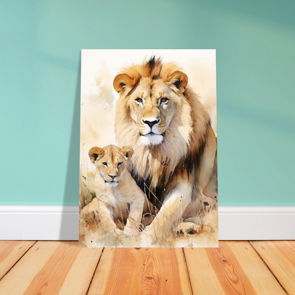 Lion And Cub Resting In Grass Watercolour Wildlife Family Poster - Image 3