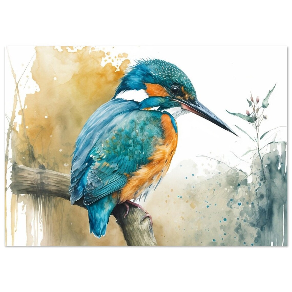 Kingfisher Watercolor Print, Abstract Modern Bird Art