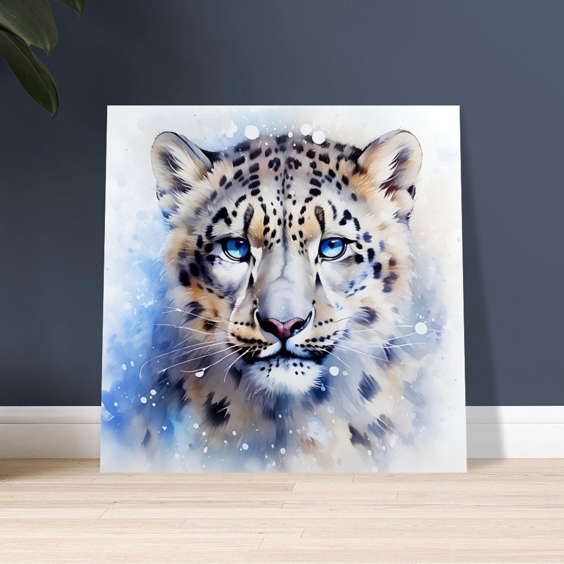 Snow Leopard Cub With Big Blue Eyes Close Up Watercolour Poster - Image 4