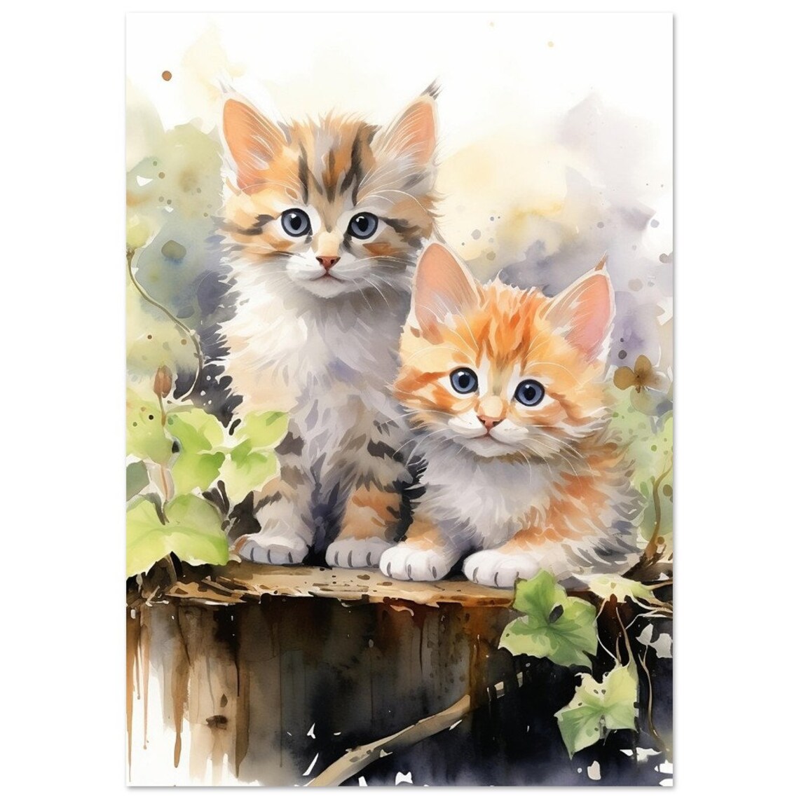 Two Cute Kittens Sitting On Log Watercolour Cat Portrait Poster - Image 3