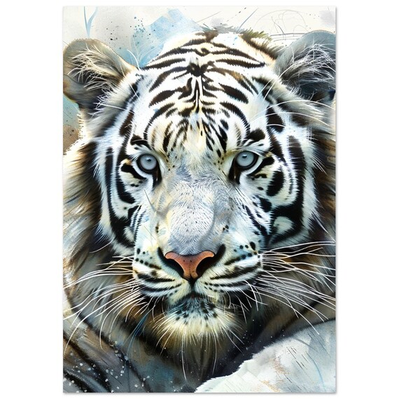 White Tiger Close Up With Blue Eyes Watercolour Animal Poster