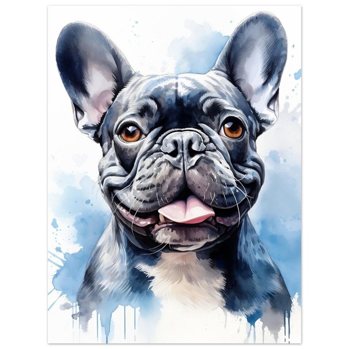 French Bulldog Watercolor Grey Blue Poster Print