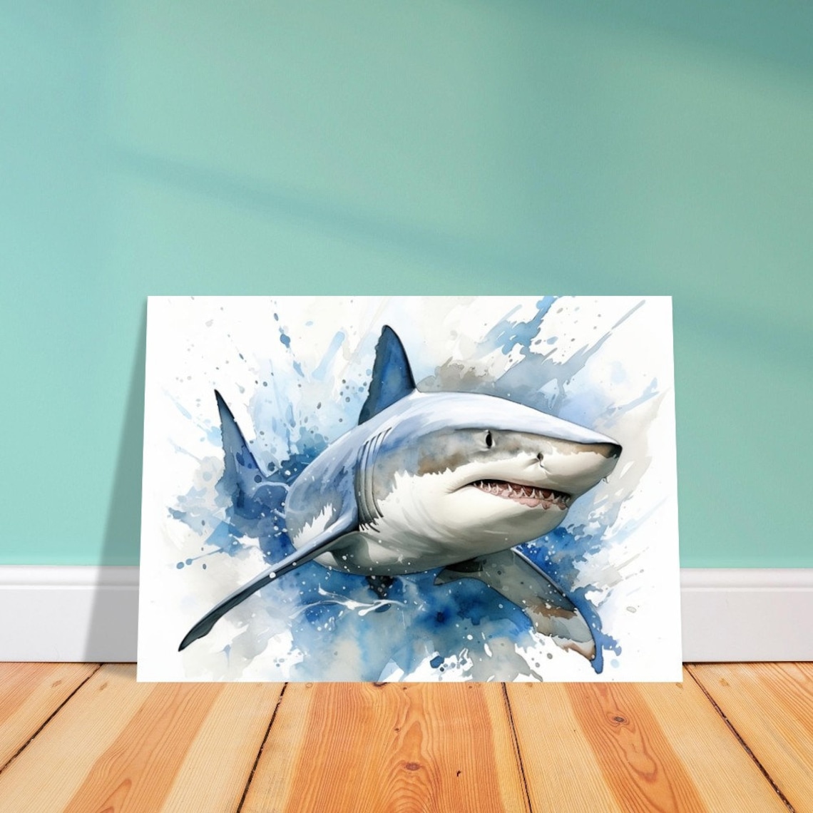 Great White Shark Swimming Fast Watercolour Ocean Animal Poster - Image 2