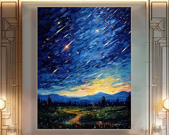 Oil Meteors Night Sky Scenery Painting On Original Starry Landscape Textured Wall Art Custom Night Cloud Art Art Room Decor