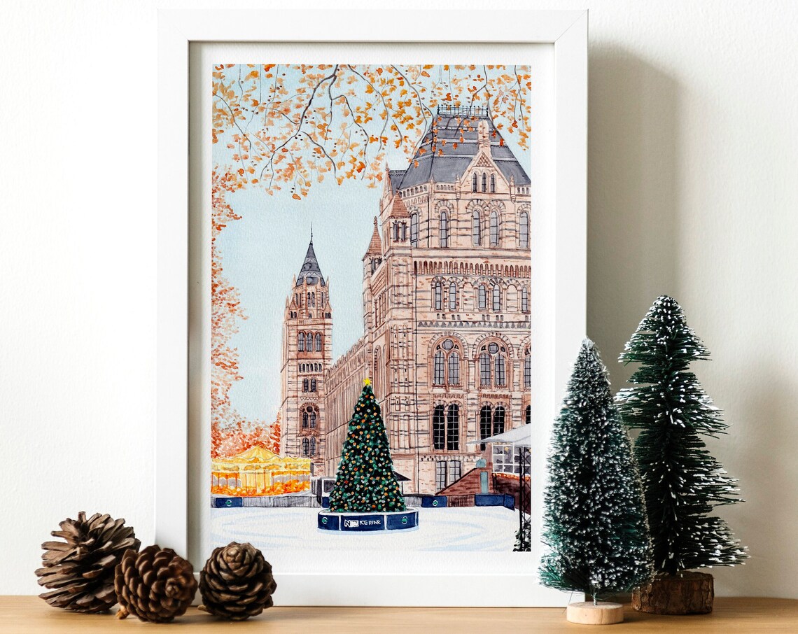 Natural History Museum London Christmas Travel Poster