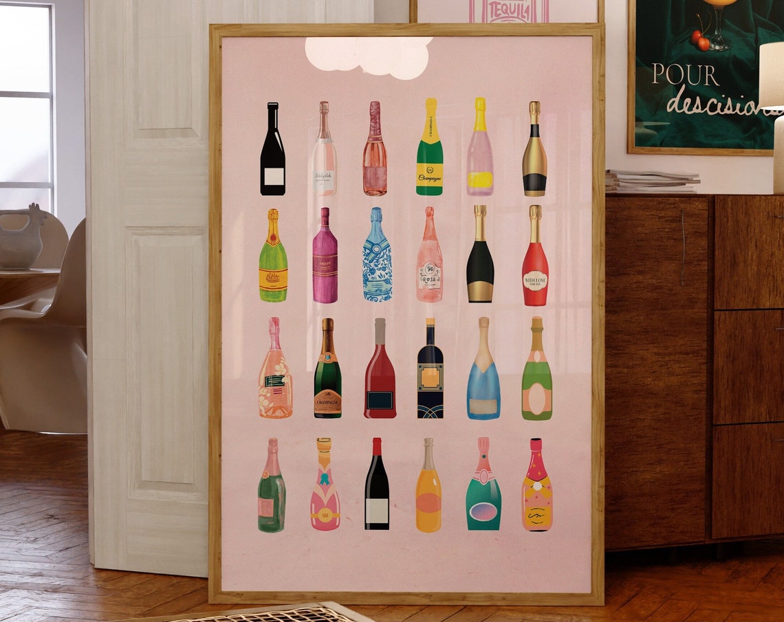 Retro Champagne Bottles Blush Pink Girly Bar Cart Aesthetic Poster