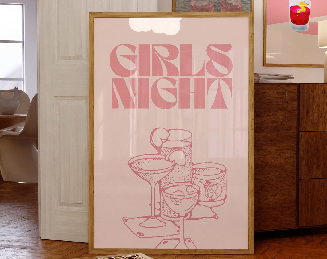 Girls Night Retro Cocktail Poster in Pink Line Art Bar Decor