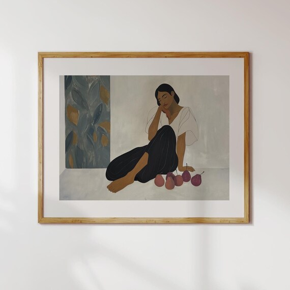 Minimalist Seated Woman with Figs in Earthy Tones Art Poster