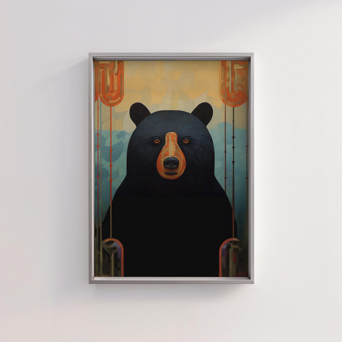 Bold Black Bear Portrait With Art Deco Lantern Motifs Modern Art Print - Image 2