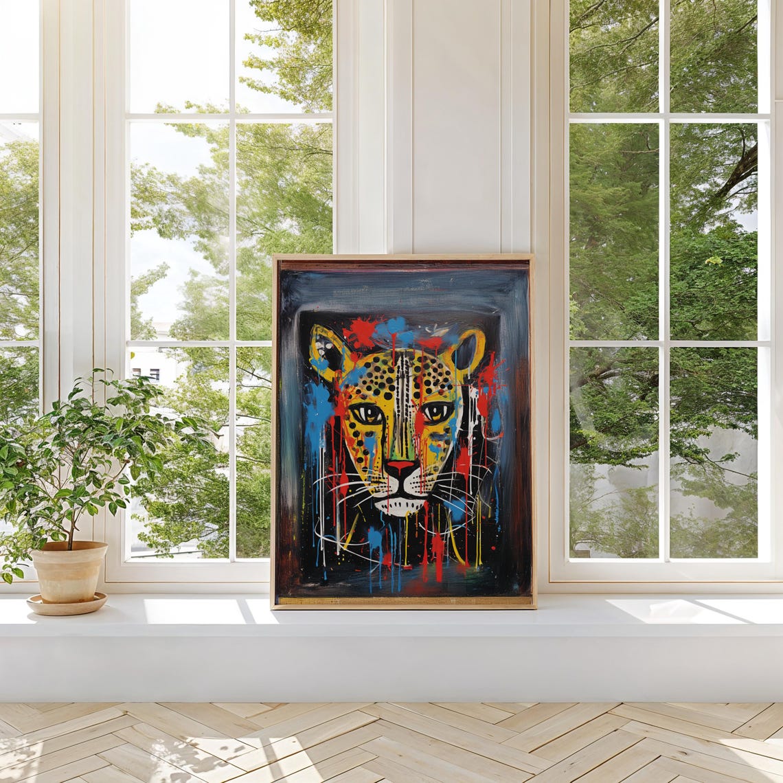 Leopard Face Street Art With Vivid Paint Drips on Dark Edgy Art Print - Image 2