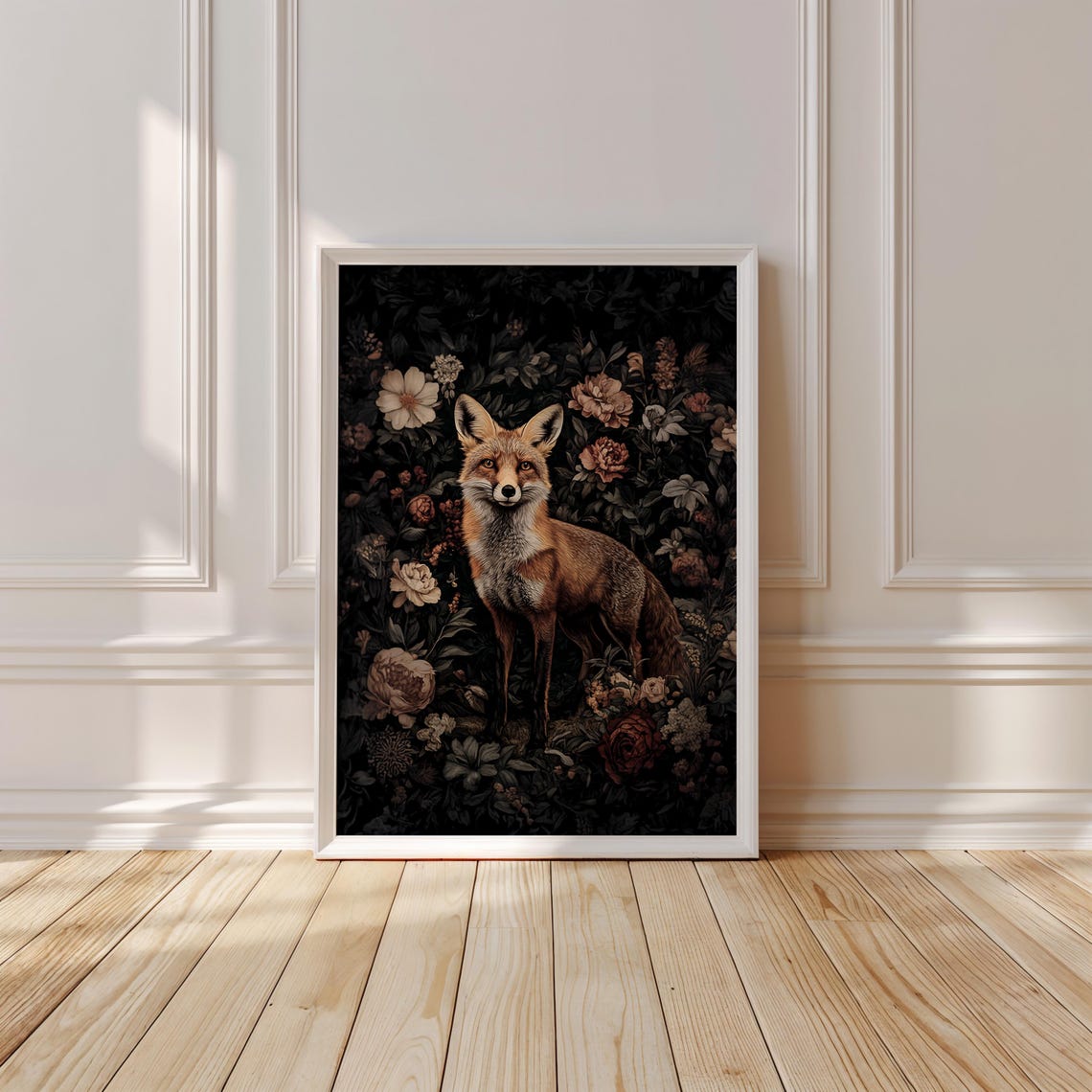 Majestic Fox Poster with a Dark Floral Woodland Scene Illustration