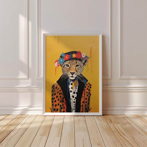 Leopard In Flower Crown Polka Dot Blazer Mustard Yellow Art Poster