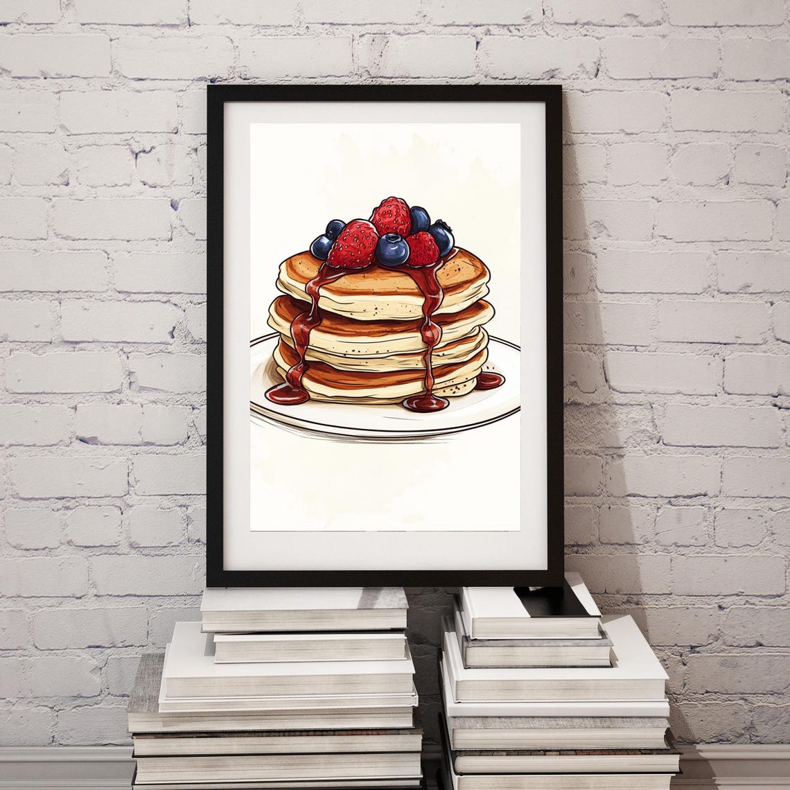Berry Pancake Stack with Dripping Syrup Sketch Illustration Poster