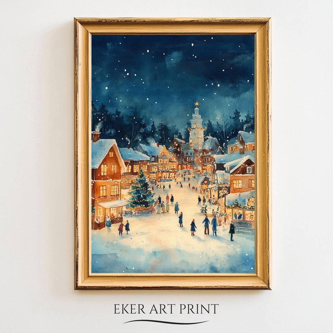Christmas Houses Painting Pastel Christmas Village Wall Art Winter Town Cozy Christmas Home Decor Pink Christmas Art Print
