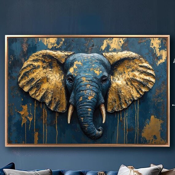Navy Blue Elephant Head Textured Gold Leaf Ears Abstract Wildlife Portrait Poster