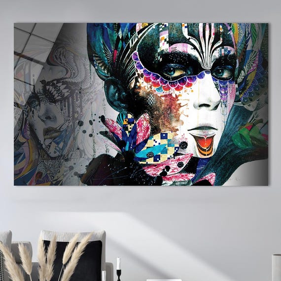 Modern Glass Woman Portrait Gifts Abstract Drawing Wall Bohemian Decor Art Large