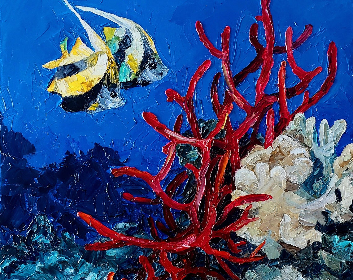 Original Impasto Oil Painting Ocean Oil Painting Underwater Painting Tropical Fish Artwork Under The Sea Coral Reef Fine Art