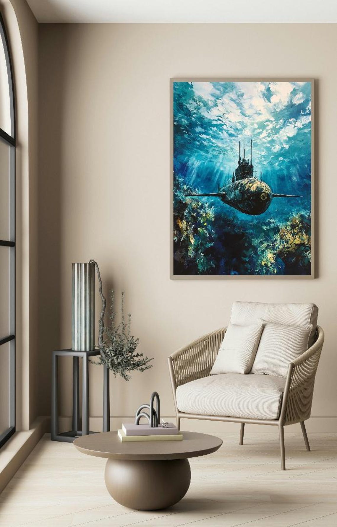 Submarine Beneath Ocean Surface with Coral Reef Nautical Ocean Poster