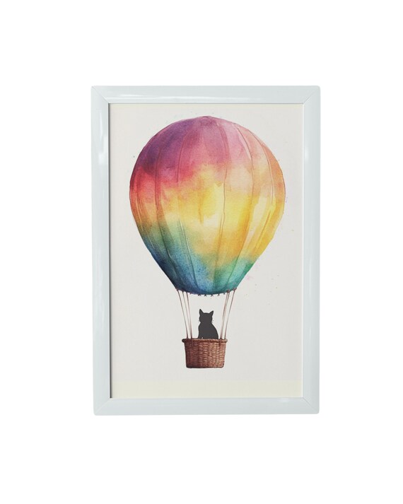 Rainbow Watercolor Balloon With Black Cat In Basket Kids Poster