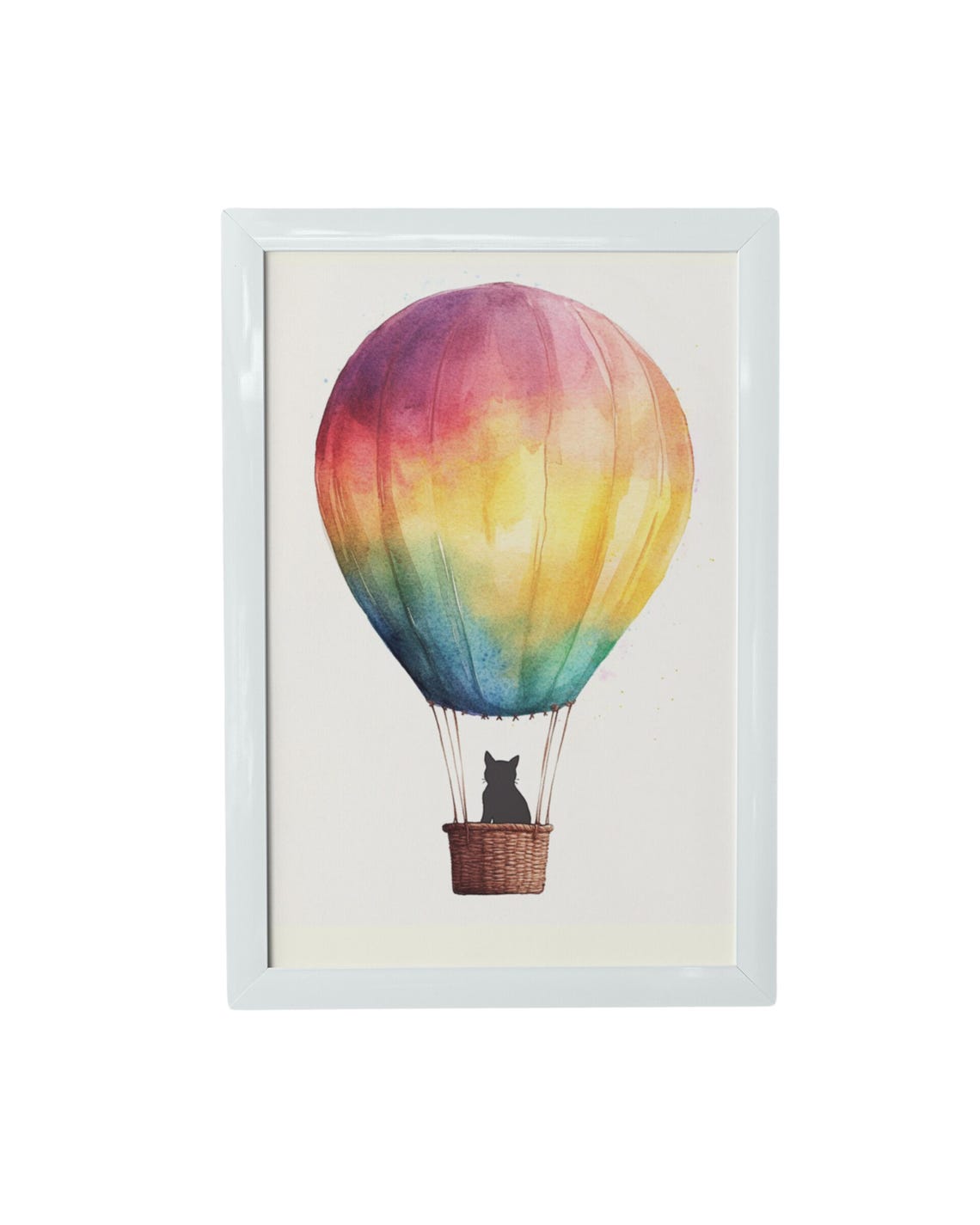 Rainbow Watercolor Balloon With Black Cat In Basket Kids Poster