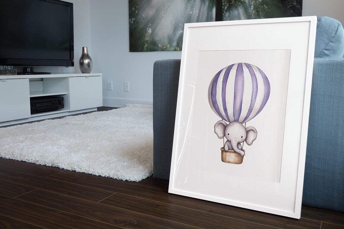 Purple Striped Hot Air Balloon With Baby Elephant Nursery Poster - Image 3