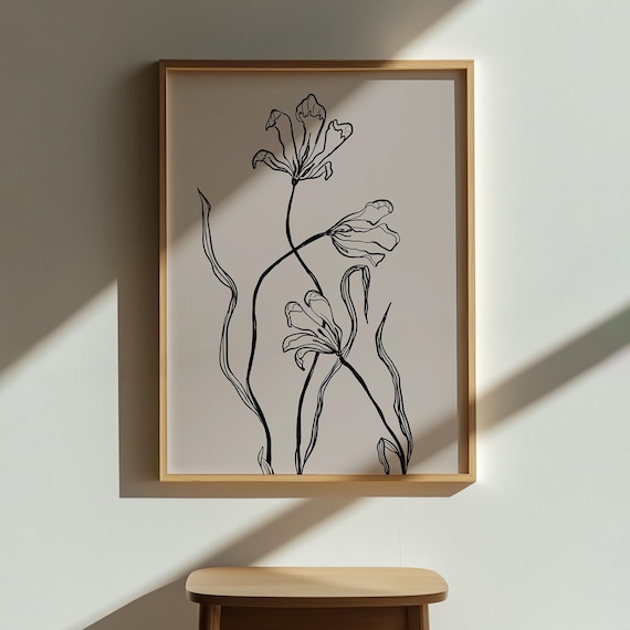 Line Art Floral Print Minimalist Botanical Drawing Modern Black And White Flower Poster Wall