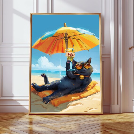 Black Cat Relaxing on Beach With Cocktail Funny Vacation Poster