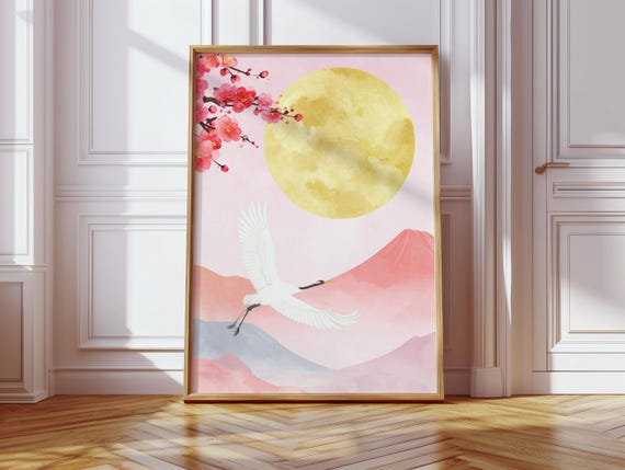 Japanese Crane Art Print Golden Moon Cherry Blossom