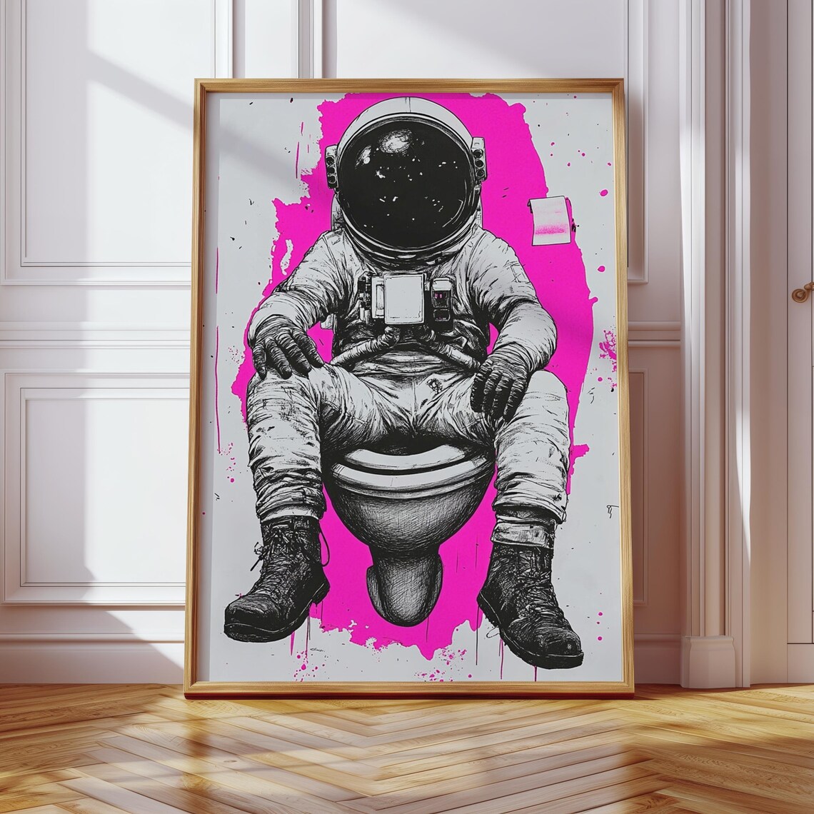 Astronaut Sitting on Toilet Pink Pop Art Funny Bathroom Poster