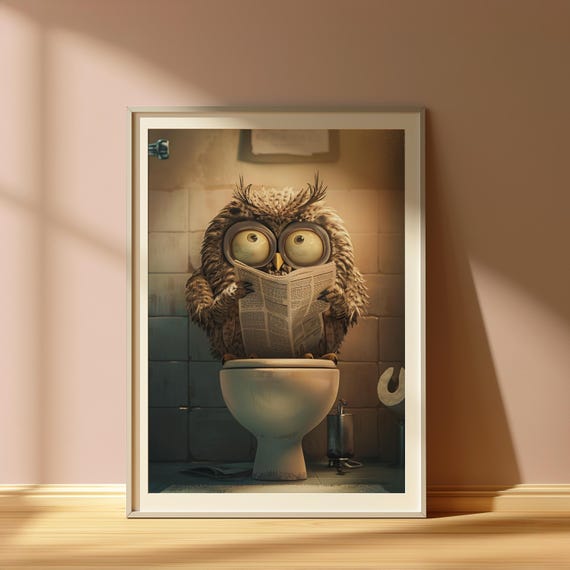 Funny Owl Toilet Print Bathroom Newspaper Art