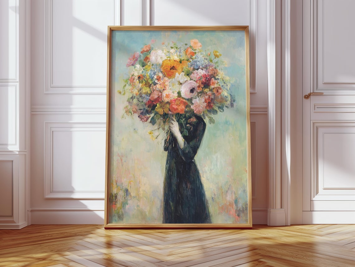 Woman With Giant Flower Bouquet Impressionist Floral Portrait Poster